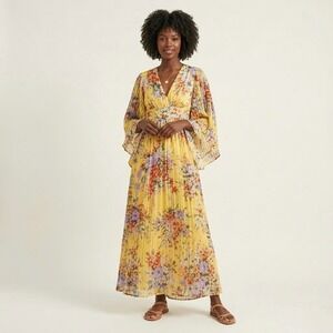 Vintage Yellow Floral Pleated V-Neck Flutter Sleeve Maxi Dress Tie Waist